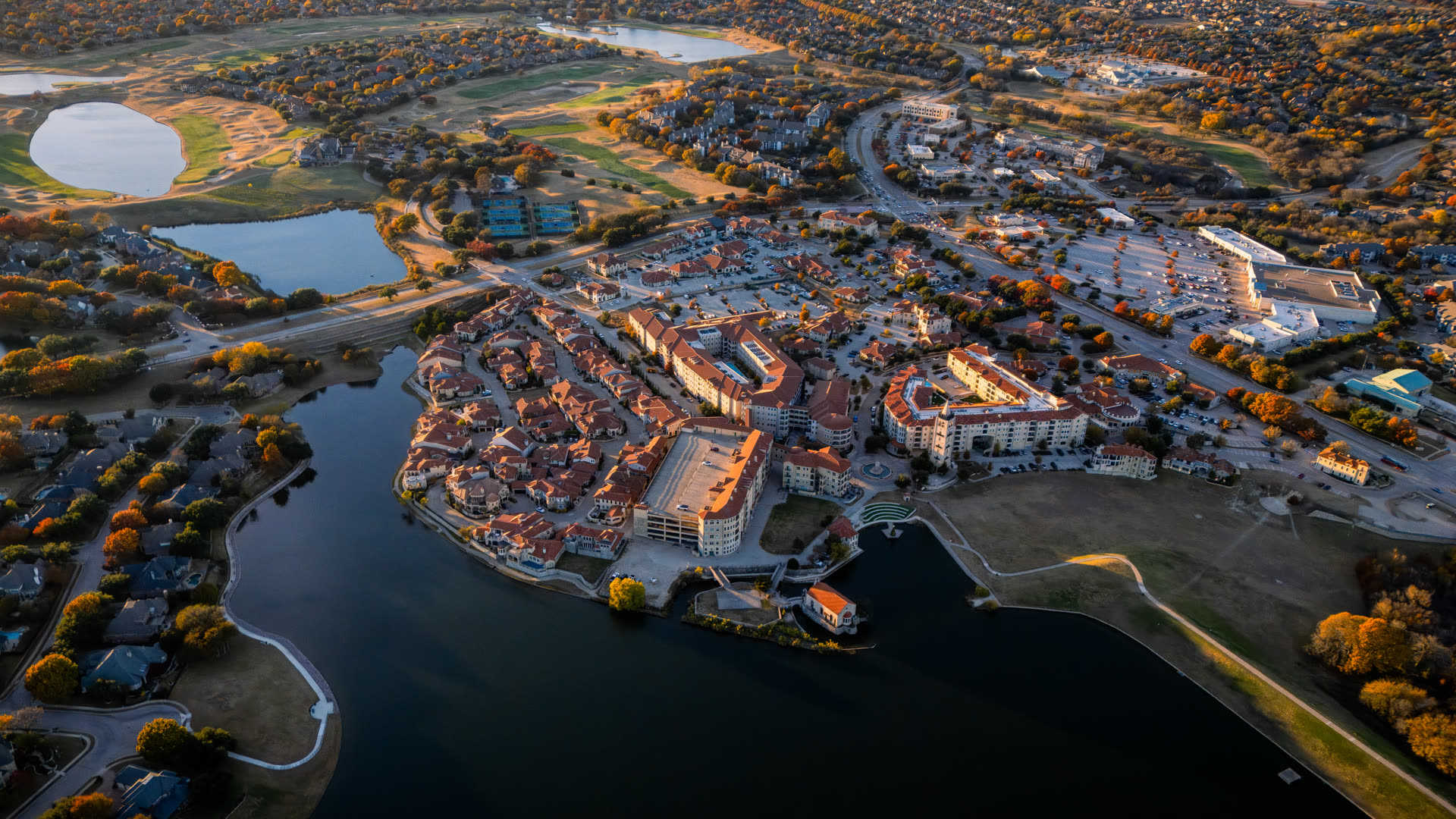 Aerial view of Adriatica Village showing diverse uses